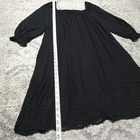 DEMOCRACY 3/4 Smocked Sleeves Square Neck Black Shift Dress, Eyelet Hem, 3X - Picture 13 of 16